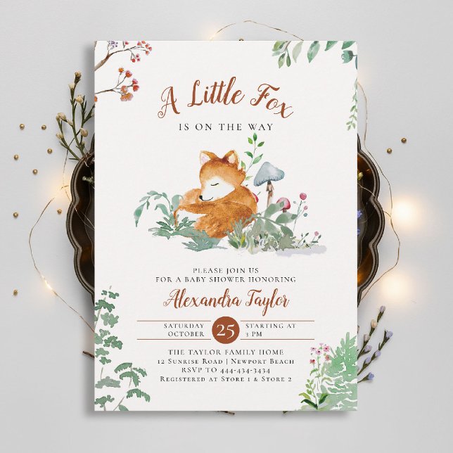 Woodland Little Fox Mushroom Greenery Baby Shower Inbjudningar (woodland baby shower invitation enchanted woods forest little fox mushrooms wildflowers earthy magic)