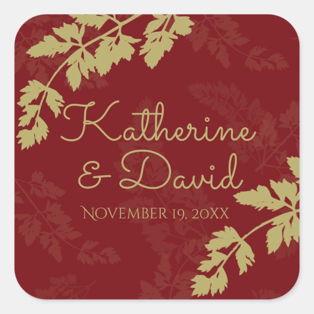 Woodland Löv Guld Fyrkantigt Klistermärke (Framsida)