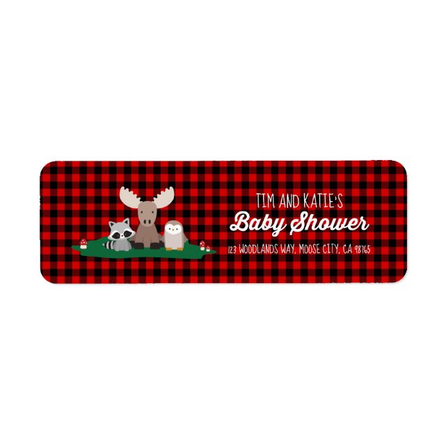 Woodland Lumberjack Baby Shower Animals Rustic Returadress Etikett (Framsidan)