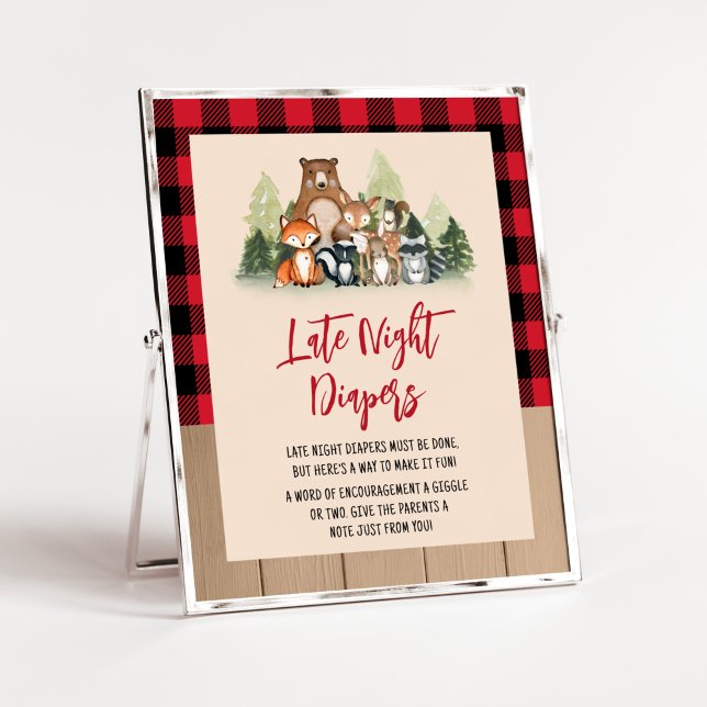 Woodland Lumberjack Baby Shower Late Night Diables Poster (Plaid Lumberjack Baby Shower Late Night Diapers Sign)