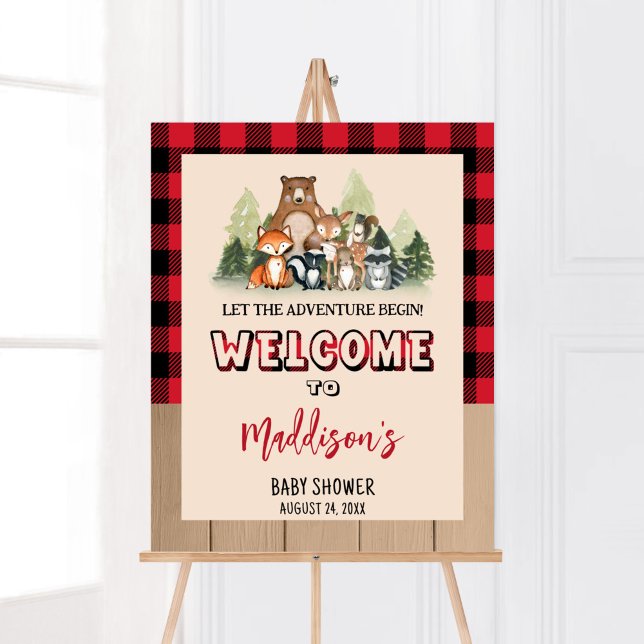 Woodland Lumberjack Baby Shower Välkommen Poster (Plaid Lumberjack Baby Shower Welcome Sign)