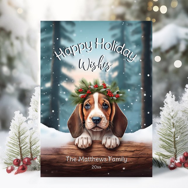 Woodland Lycklig jul Önskemål Basset Hound Puppy Julkort (Adorable Winter Snowy Scene With Peeking Dogs or Farm/Woodland Animals - Over 50 to Choose From!)