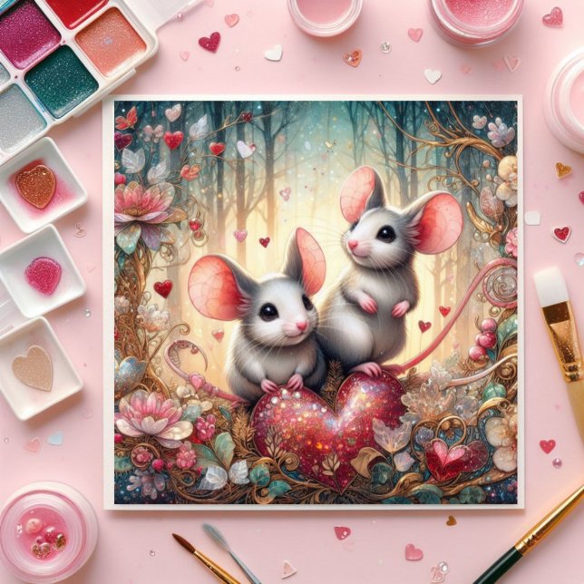 Woodland Mice Cute Red Hearts Valentine Julkort (Skapare uppladdad)