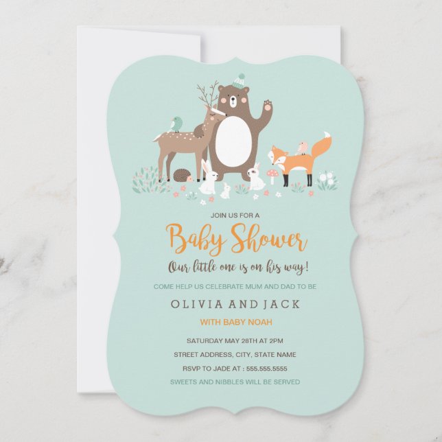Woodland Mint och Orange Baby Shower Inbjudan (Framsida)