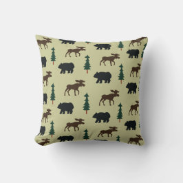 Woodland Moose and Bear Rustic Pillow - Grönt Kudde