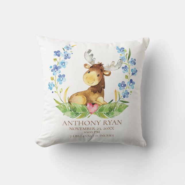 Woodland Moose Baby Birth Stats Pillow Kudde (Framsida)