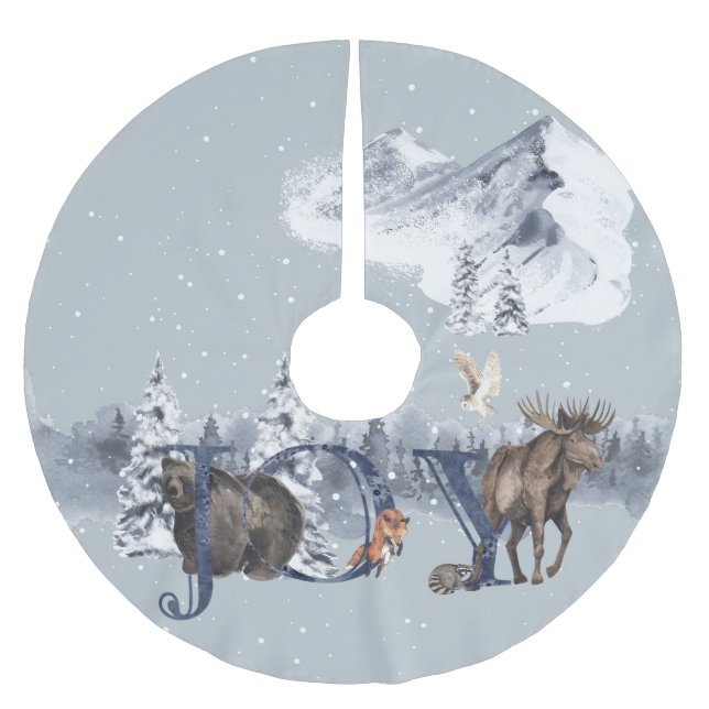 Woodland Moose Bear Snö JOY Mountain Scene Julgransmatta Borstad Polyester (Framsidan)