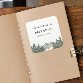 Woodland Mountain Baby Shower Bok Bibliotek Fyrkantigt Klistermärke