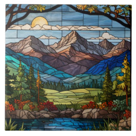 Woodland mountain scene vintage stain glass kakelplatta