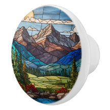 Woodland mountain scene vintage stain glass