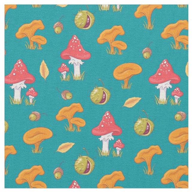 Woodland Mushroom Mönster Tyg (Närbild)