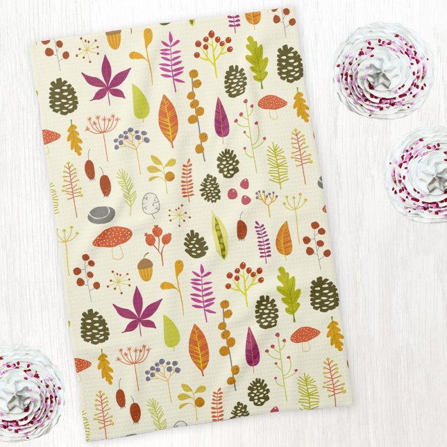 Woodland Natature Kökshandduk (Nature leaves, pine cones and berries pattern art kitchen tea towel)