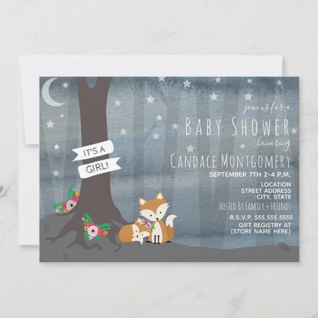 Woodland Night Fox Baby Shower - flicka Inbjudningar (Framsida)