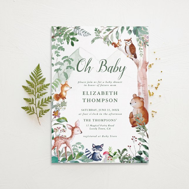 Woodland Oh Baby Enchanted Skogen Cute Baby Shower Inbjudningar (woodland baby shower invitation neutral enchanted forest bear fox deer magical woods fairy)