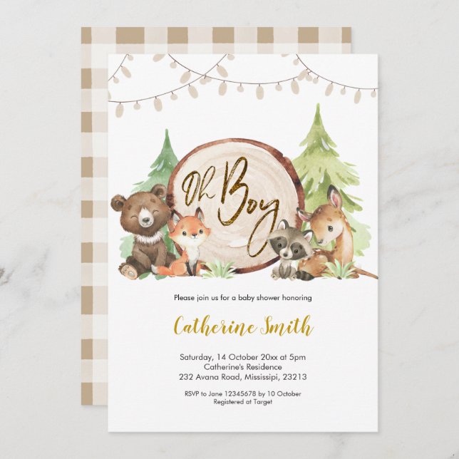 Woodland Oh Boy Baby Shower-inbjudan Inbjudningar (Fram/baksida)