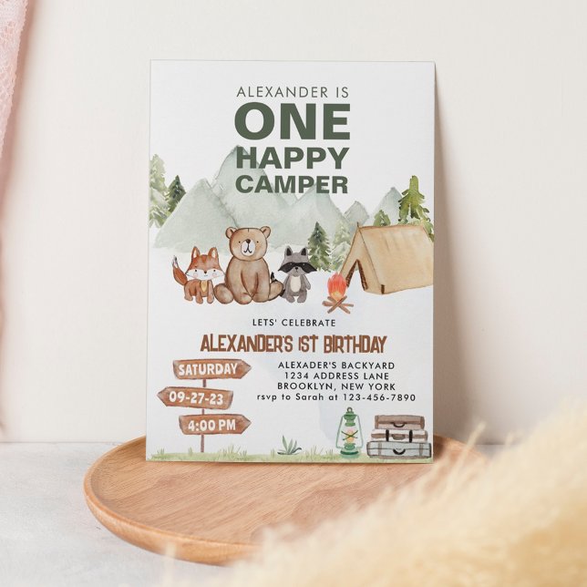 Woodland One Lycklig Camper Camping Barns födelsed Inbjudningar (Skapare uppladdad)