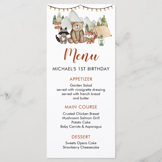 Woodland One Lycklig Camper First Birthday Menu Meny (Framsida)