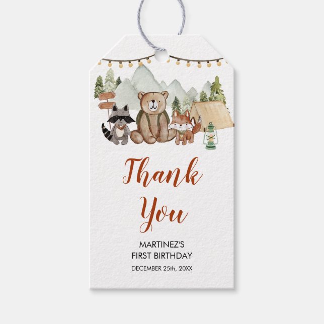 Woodland One Lycklig Camper First Birthday Tack Presentetikett (Framsidan)