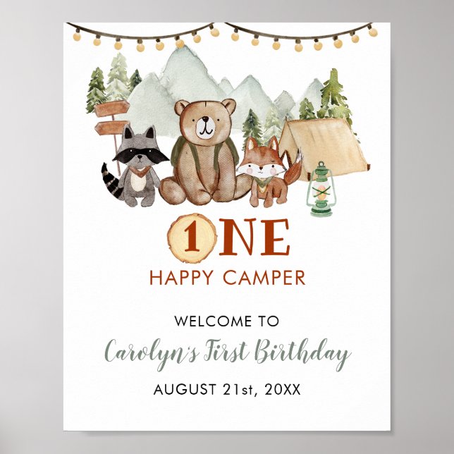 Woodland One Lycklig Camper First Birthday Välkomm Poster (Framsidan)