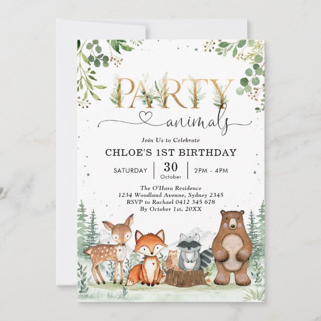 Woodland Party Animals Boy Birthday Invitation Inbjudningar (Framsida)