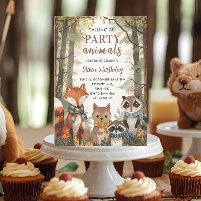 Woodland Party Animals Forest Fox, Raccoon & Bear Inbjudningar (Skapare uppladdad)