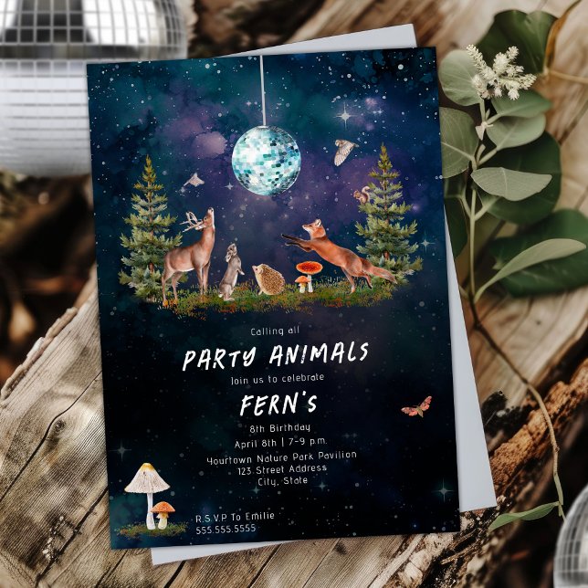 Woodland Party Animals Galaxy Disco Birthday Inbjudningar (Skapare uppladdad)