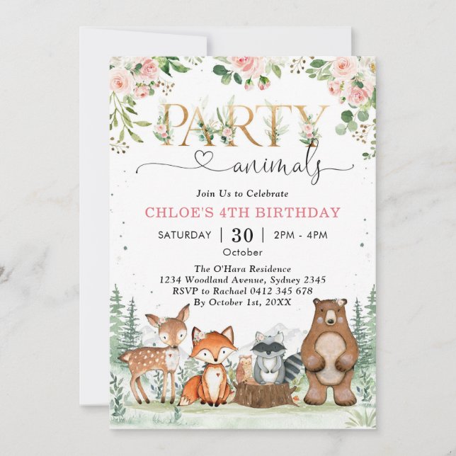 Woodland Party Animals Girl Birthday Invitation Inbjudningar (Framsida)