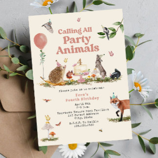 Woodland Party Animals Rosa Födelsedagsfest Inbjudningar