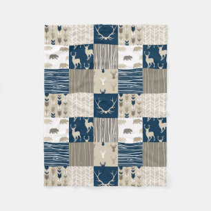 Woodland Patchwork Blanket in Tan and Navy Blue Fleecefilt