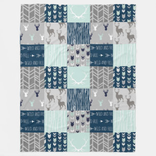 Woodland Patchwork Hjort. - Mint/Navy/grått Fleecefilt