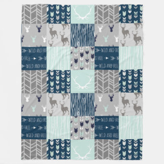 Woodland Patchwork Hjort. - Mint/Navy/grått Fleecefilt