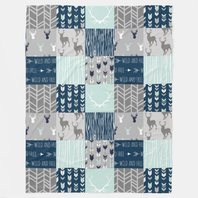 Woodland Patchwork Hjort. - Mint/Navy/grått Fleecefilt (Framsidan)