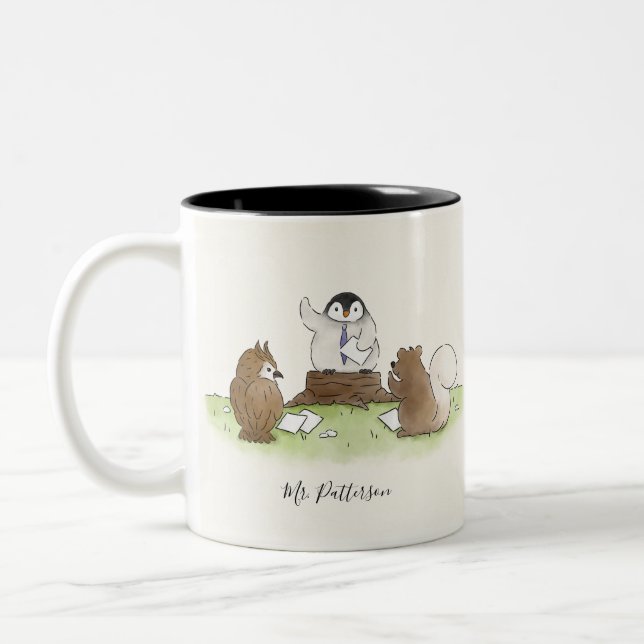Woodland Penguin Teacher School Personlig Namn Två-Tonad Mugg (Vänster)