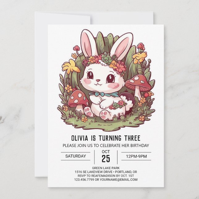 Woodland Rabbit Bunny Digital Birthday Inbjudningar (Framsida)