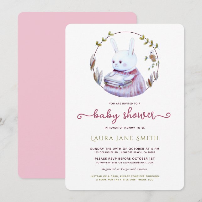 Woodland Rabbit Rosa Grönt Bokar Girl Baby Shower Inbjudningar (Fram/baksida)