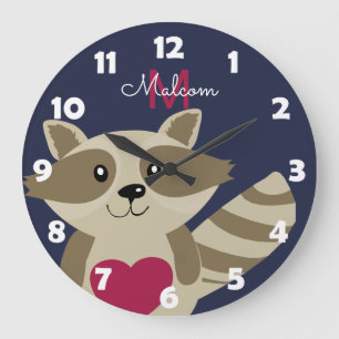 Woodland Raccoon Adsible Monogrammed Personlig Stor Klocka