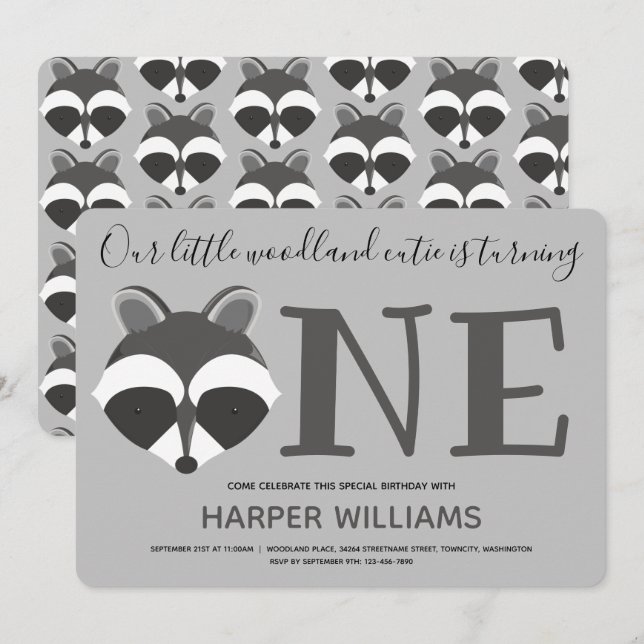 Woodland Raccoon Baby en första födelsedag Inbjudningar (Fram/baksida)