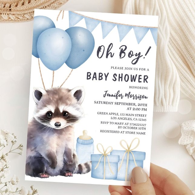 Woodland Raccoon Baby Shower Boy Blue Ballobers Inbjudningar (Skapare uppladdad)