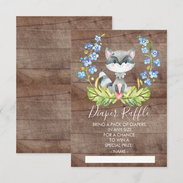 Woodland Raccoon Baby Shower Diaper Raffle Biljett Inbjudningar (Fram/baksida)