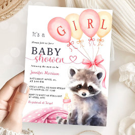 Woodland Raccoon Baby Shower Girl Rosa Balloations Inbjudningar