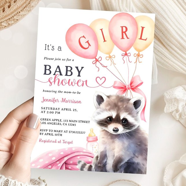 Woodland Raccoon Baby Shower Girl Rosa Balloations Inbjudningar (Skapare uppladdad)