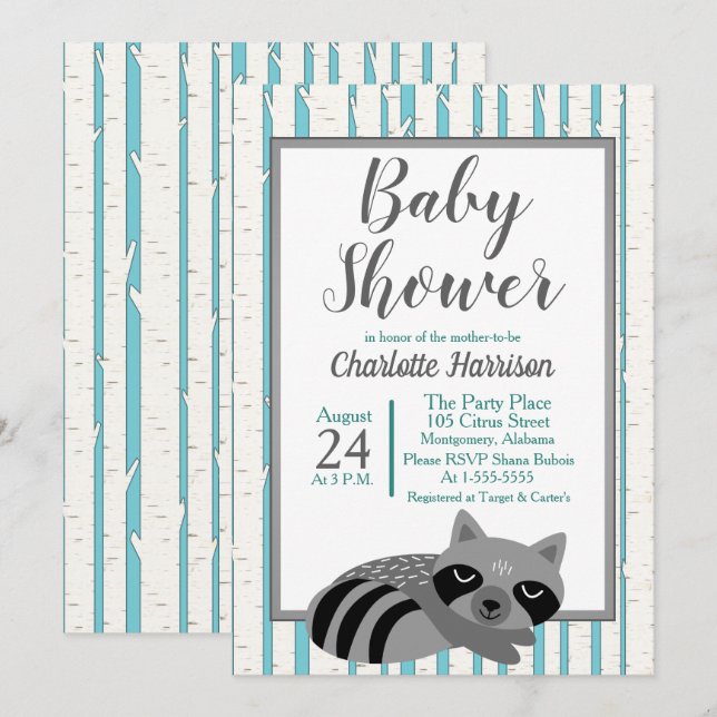 Woodland Raccoon & Birch Träd Baby Shower Inbjudningar (Fram/baksida)