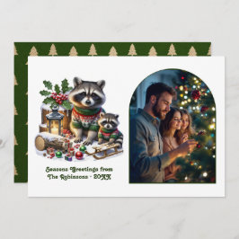 Woodland Raccoon Family Rustic Forest Christmas Julkort