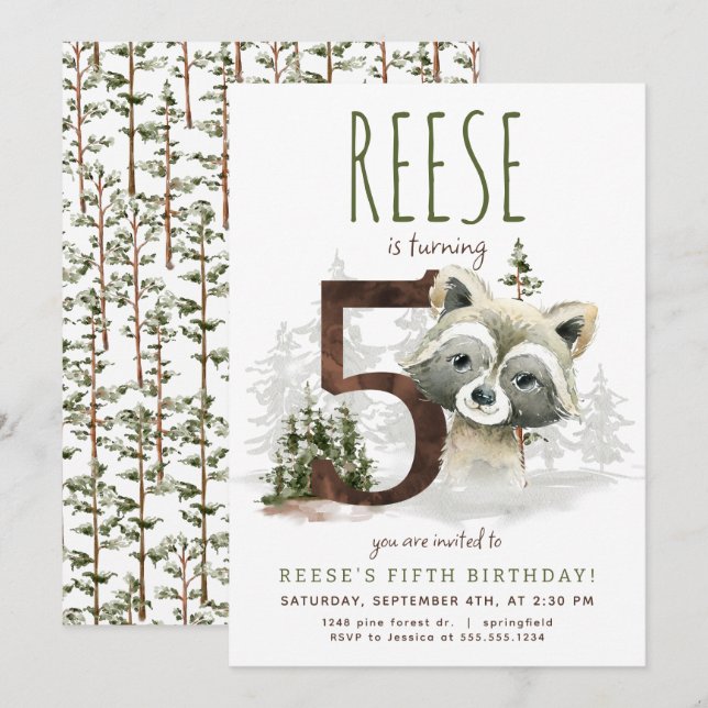 Woodland Raccoon Femte födelsedagsinbjudan Inbjudningar (Fram/baksida)