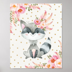 Woodland Raccoon Nursery Art Boho Blommigt Decor Poster