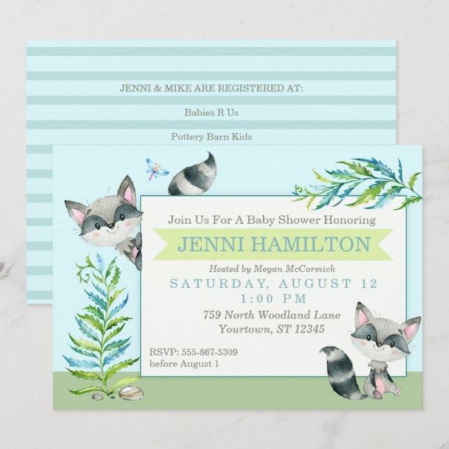 Woodland Raccoon Whimsical Baby Shower Inbjudningar (Fram/baksida)