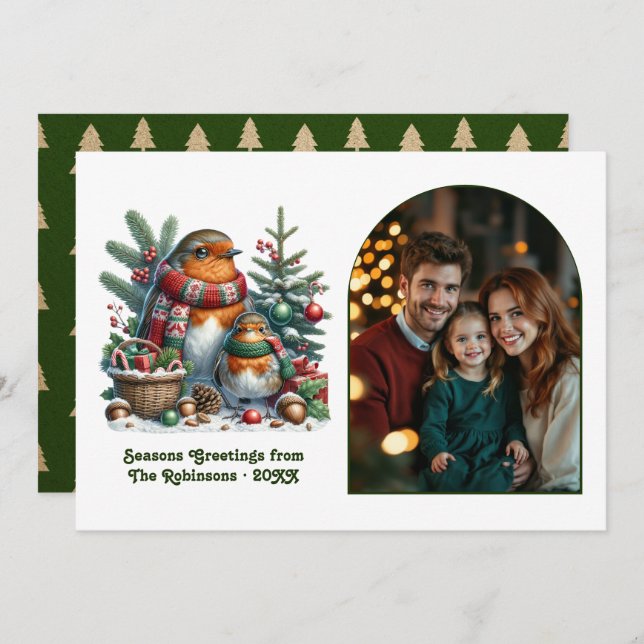Woodland Robin Family Cozy Forest Christmas Photo Julkort (Fram/baksida)