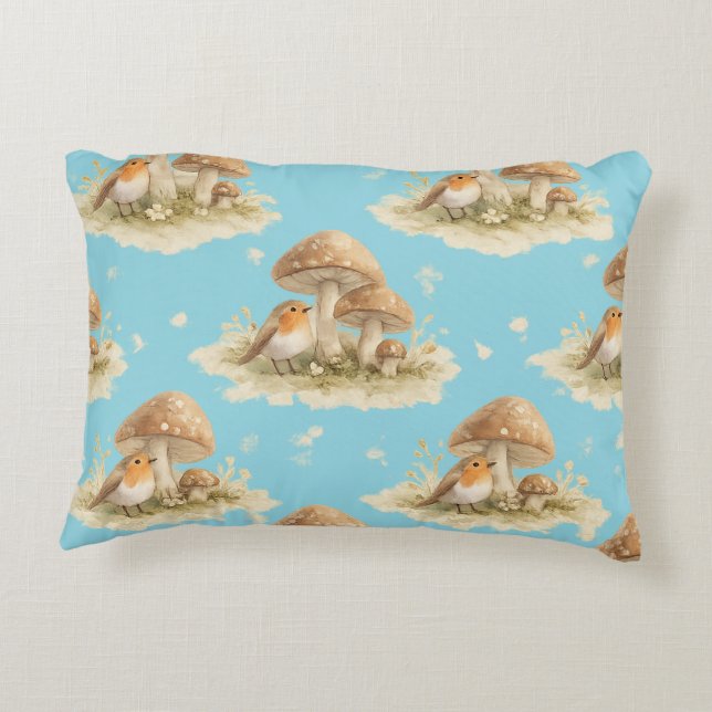 Woodland Robin & Mushroom Watercolor Pattern Prydnadskudde (Baksidan)