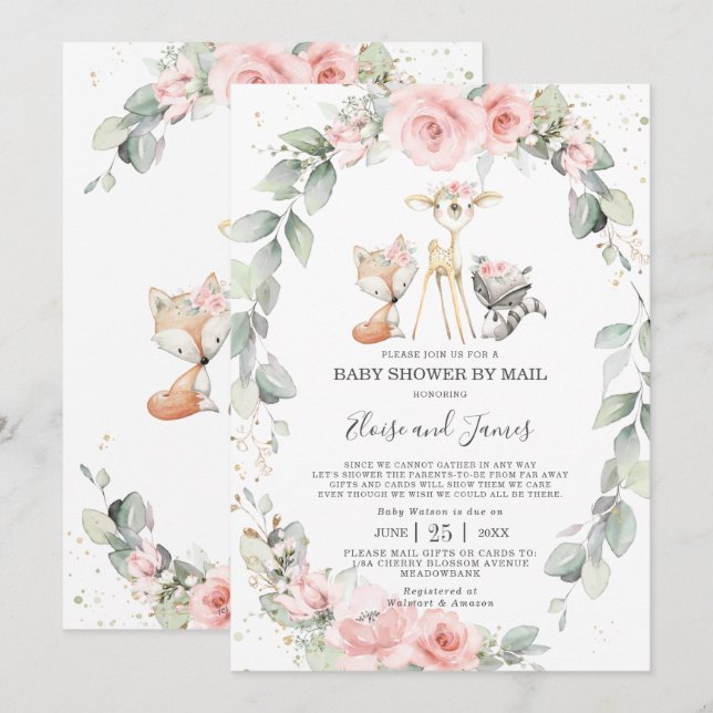 Woodland Rosa Blommigt Greenery Baby Shower by Mai Inbjudningar (Fram/baksida)