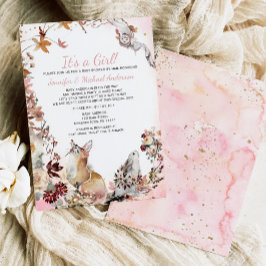 Woodland Rosa Girl Fox Bunny Baby Shower by Mail Inbjudningar